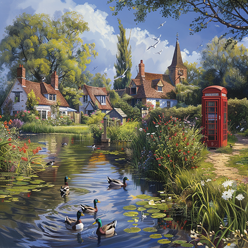 A Linkville Village in rural Treetonshire (2) A rural English village with duck pond, trees, and red telephone box—generated by AI.
