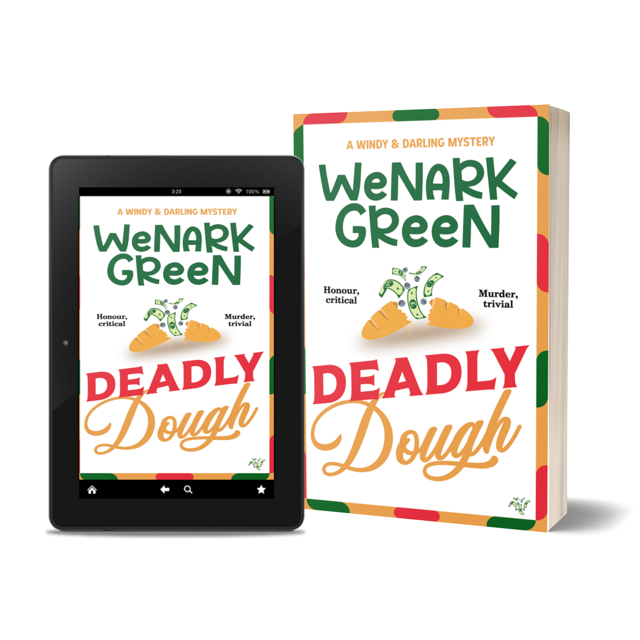 Deadly Dough paperback in front of winter fire