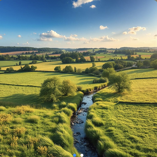 A picture of a river flowing through rural Treetonshire Picture showing rural Treetonshire and a river (the Windy & Darling Mysteries )—generated by AI.