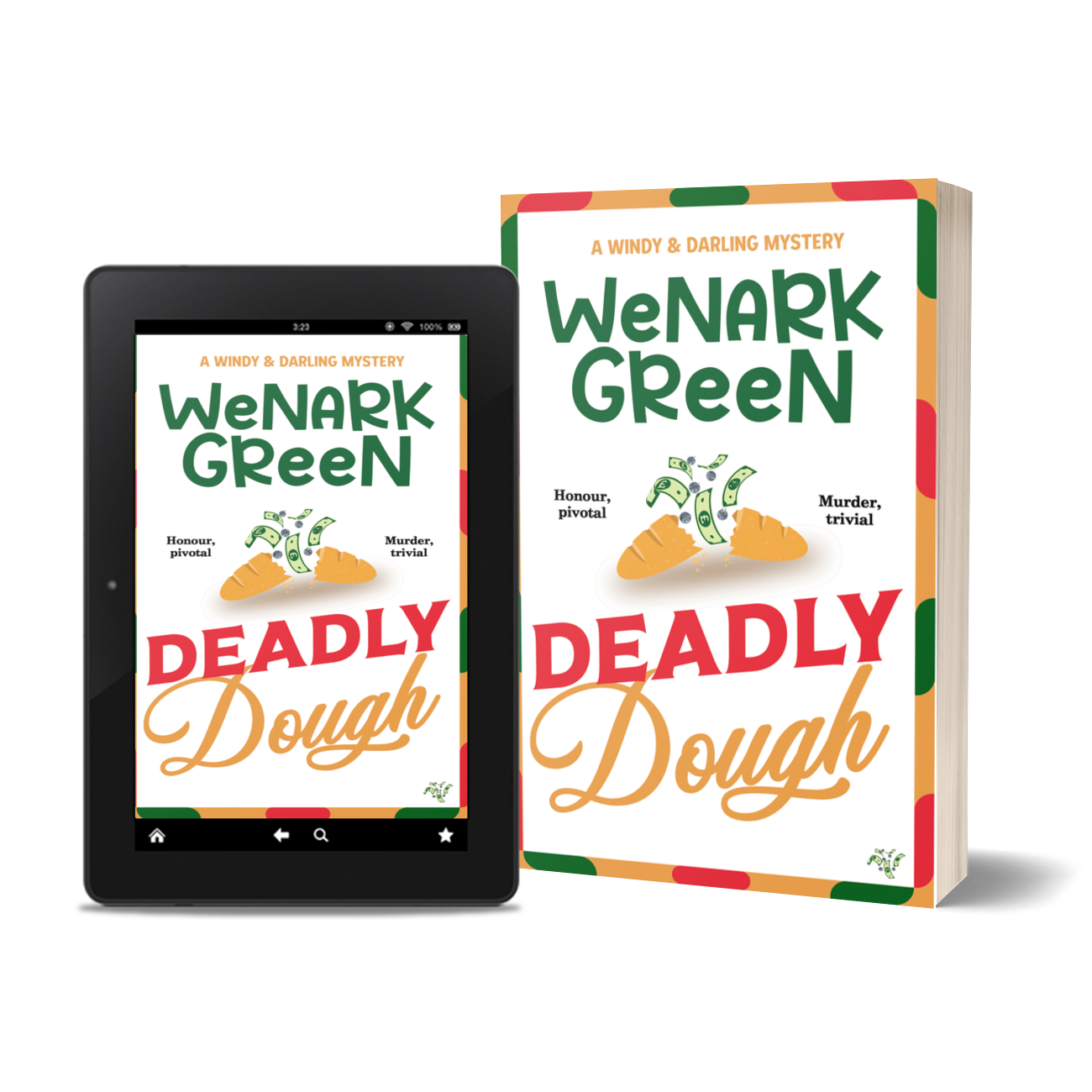 Deadly Dough paperback in front of winter fire